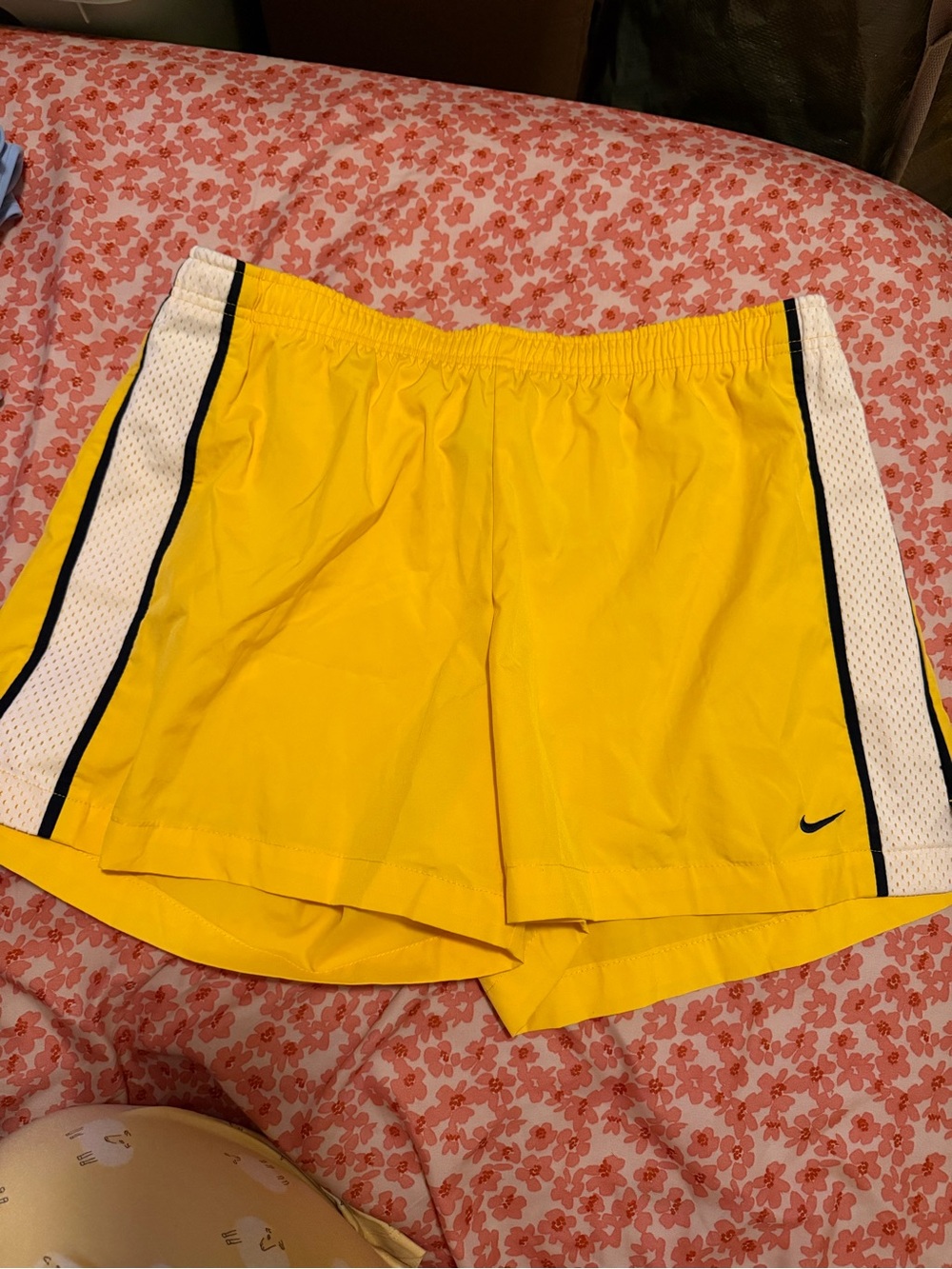 Nike Yellow Women's Athletic Shorts with White Side Panels and Black Trim